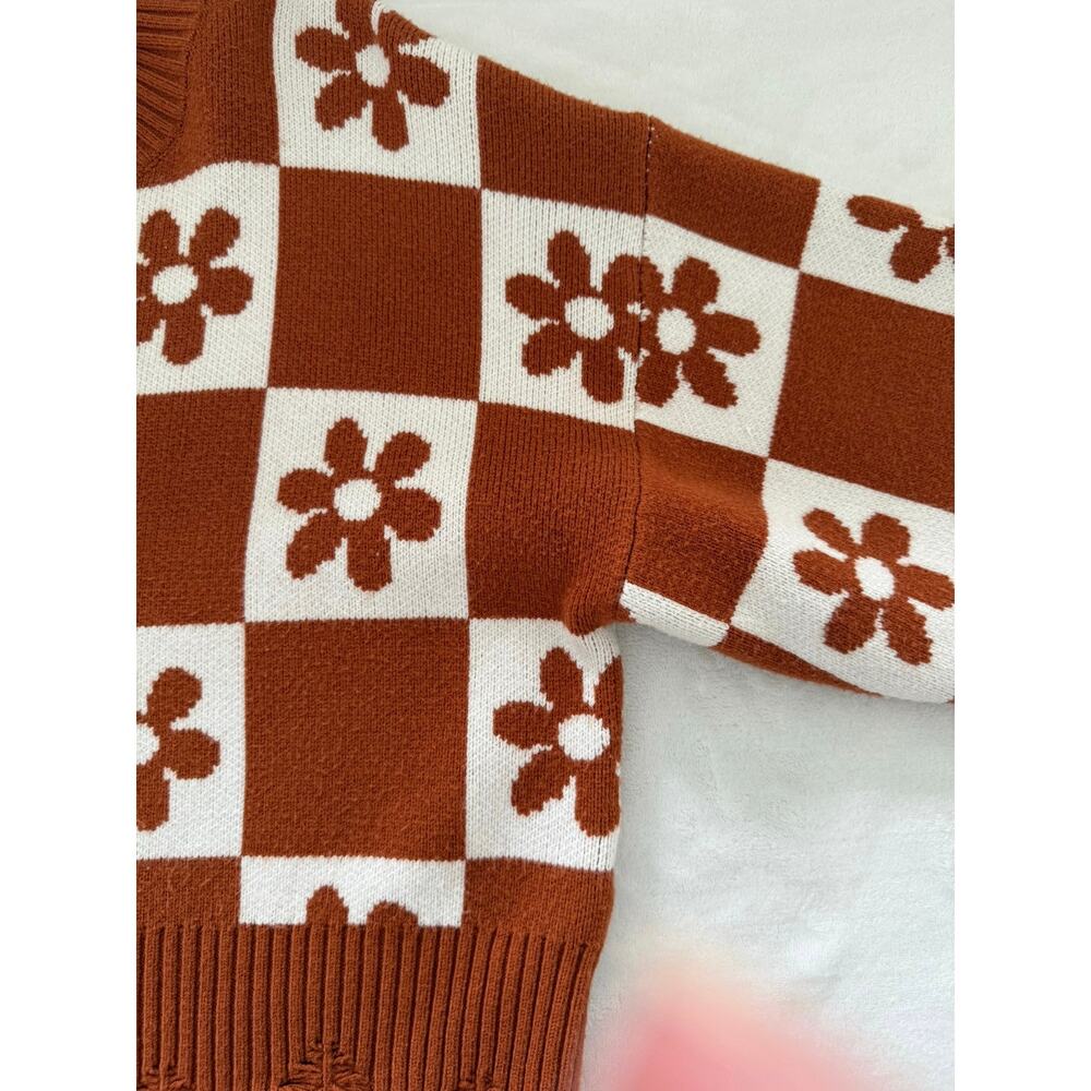 Pol Woman's Daisy‎ Flower Rust Brown Cropped Sweater Large Checkered Raw Hem - Picture 11 of 11
